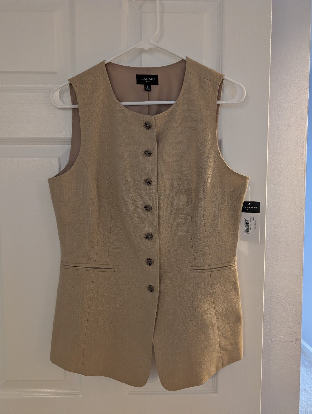 Tahari ASL Linen Blend Tan Tailored Button-Front Vest Size 8